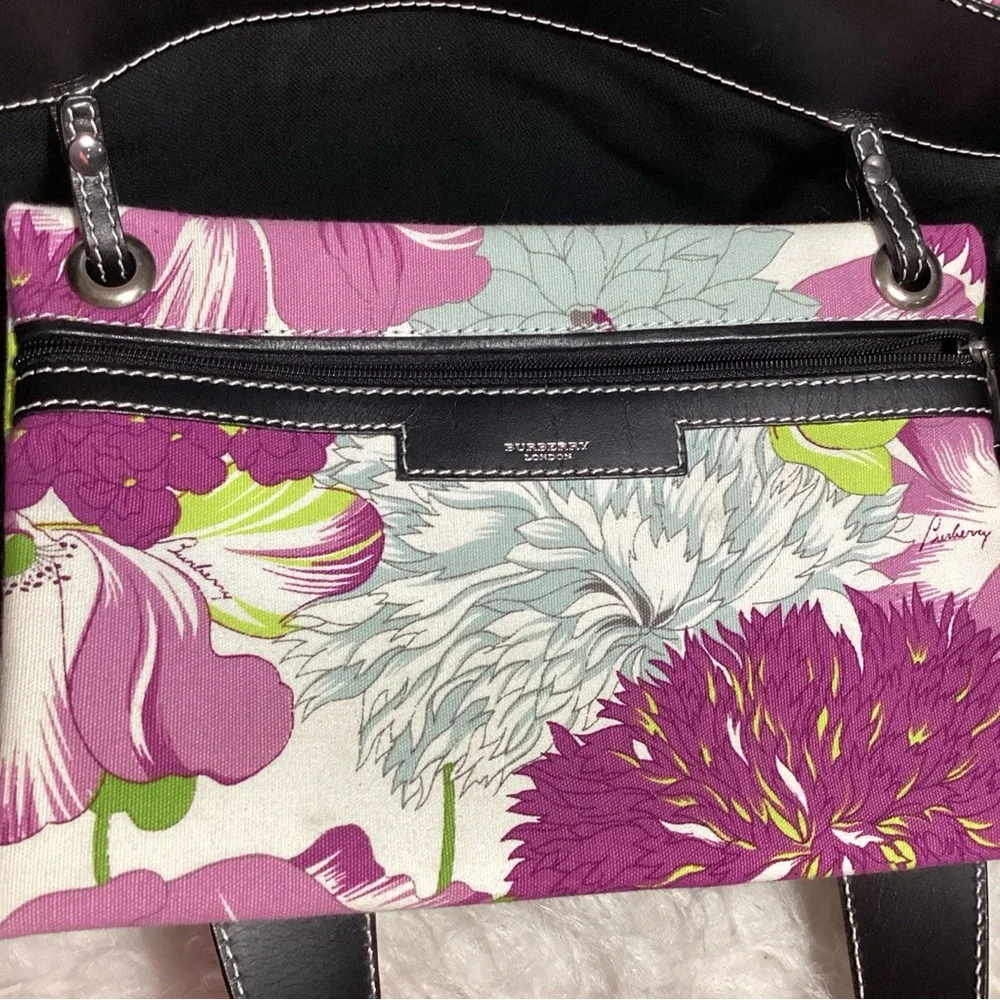 Rare Burberry London Floral Pattern Canvas & Leather Tote Bag EUC - Picture 12 of 13